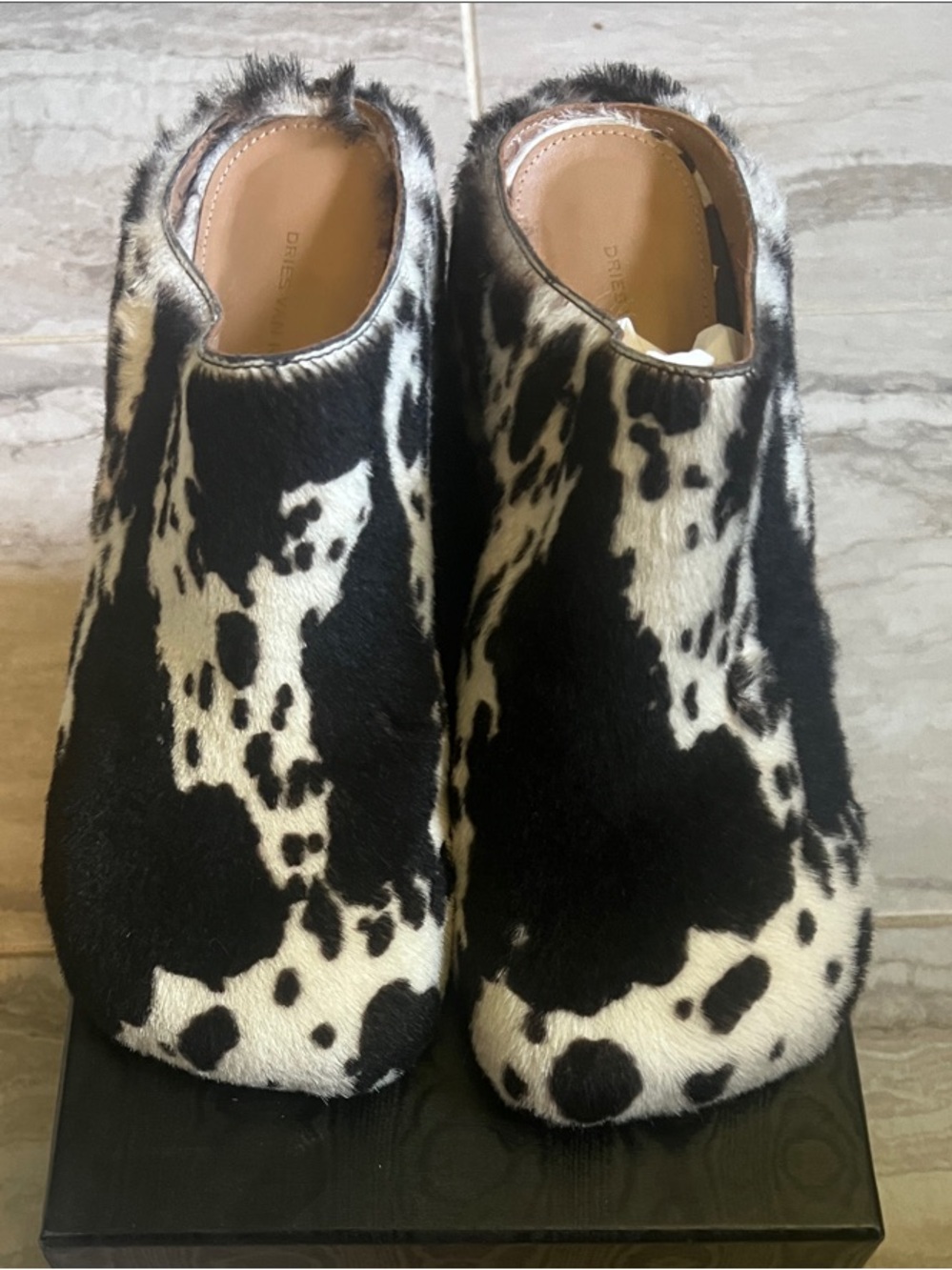 Dries Van Noten Cow Print real fur platform size 10.5 mules, black /white,